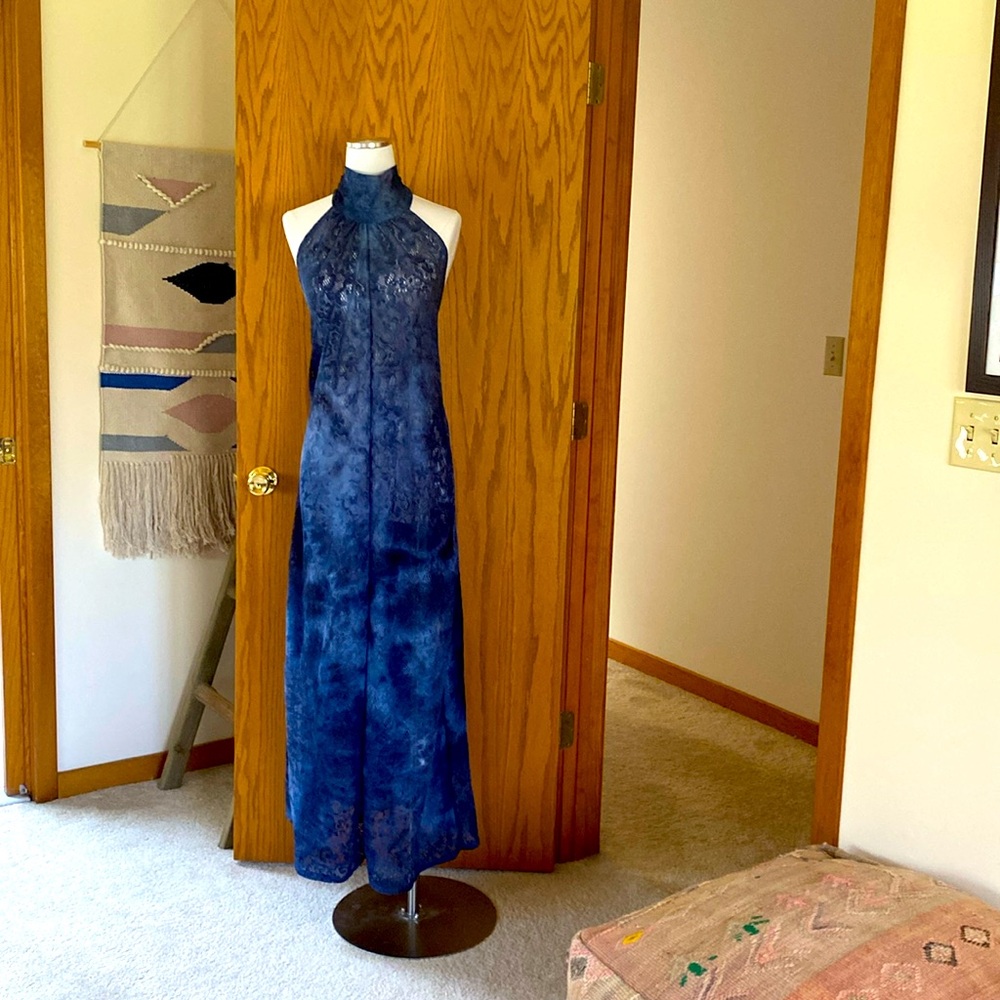 Unlined indigo tie dye lace maxi halter dress